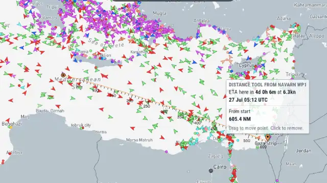 Handala's position on July 23rd 2025, on the East Mediterranean Sea
